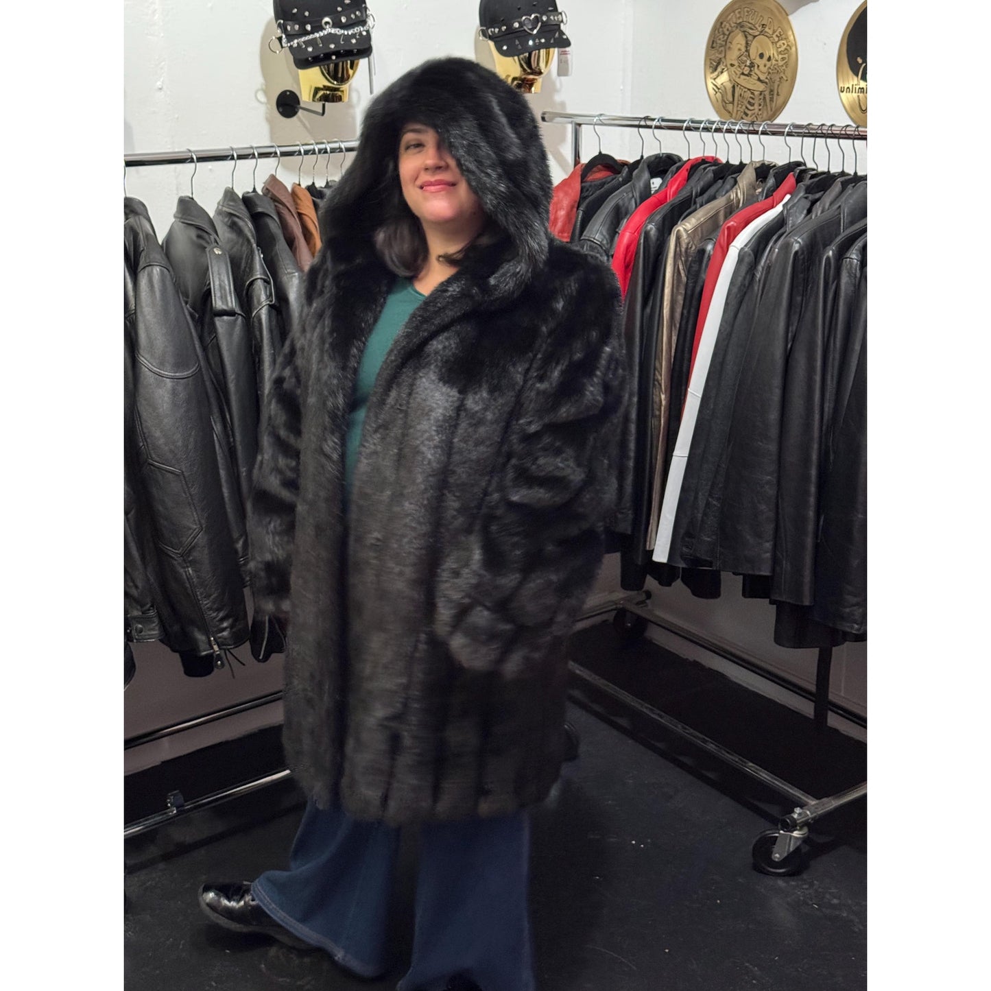 Women's Black Hooded Faux Fur Coat, Large, Dennis Basso