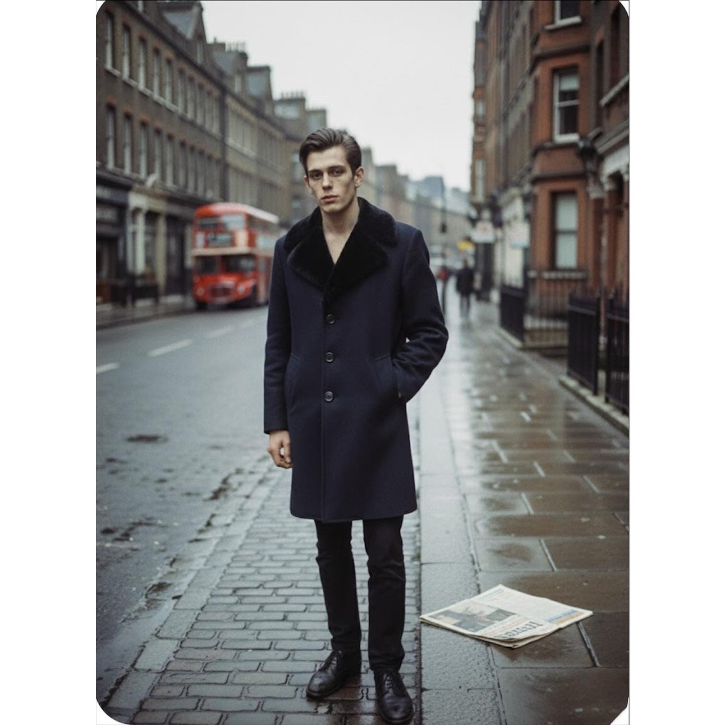 Men's Navy Pea Coat/ Trench Coat with Faux Fur Collar, 44R/ X-Large