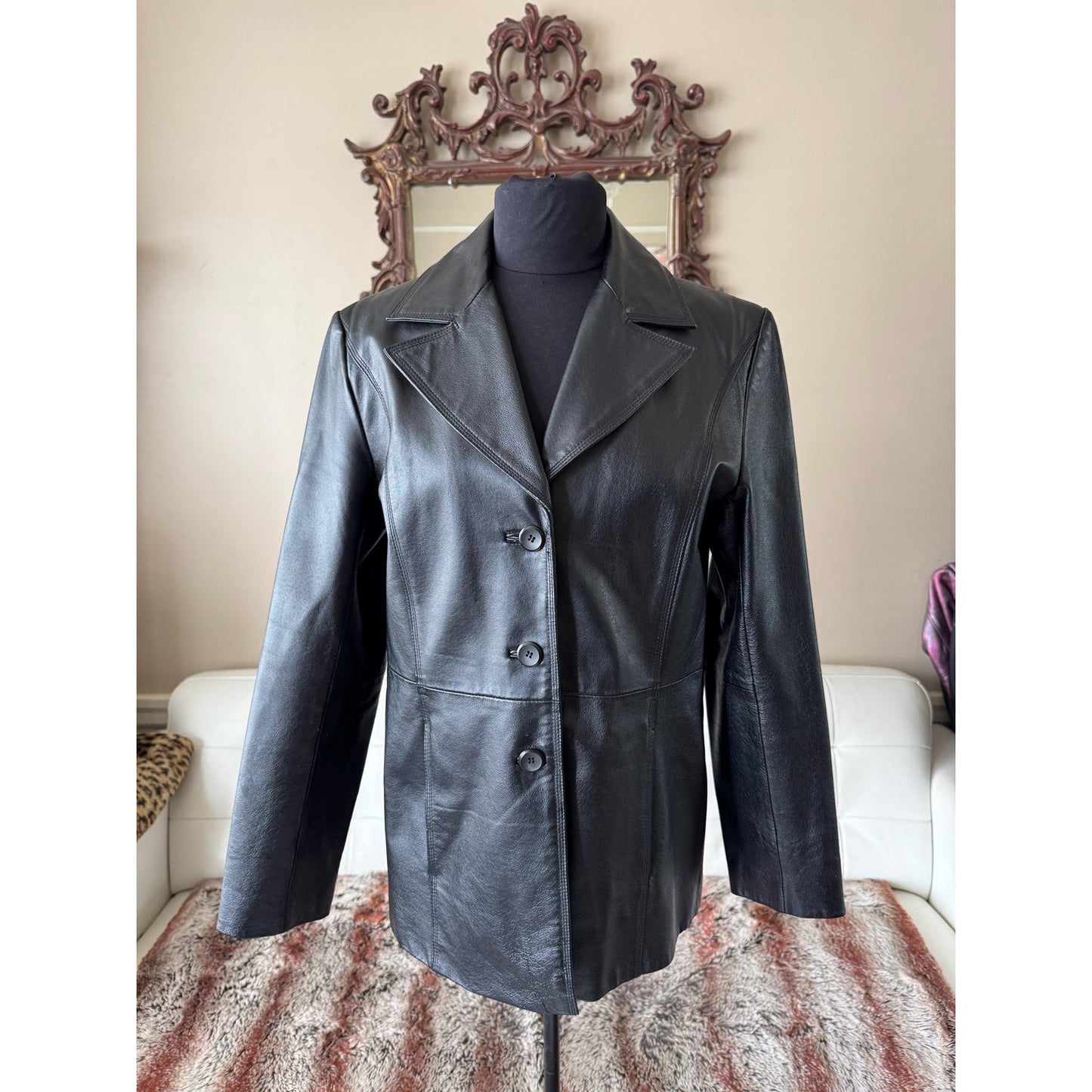 Black Leather Women's Trench, Size M