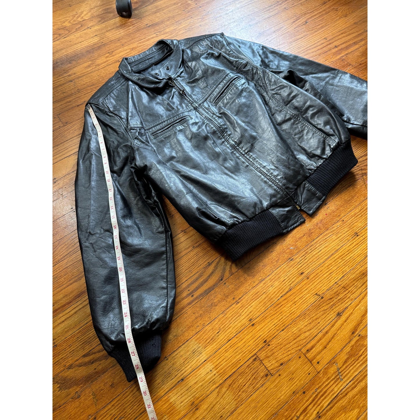 Vintage Men's Black Leather Bomber Jacket, Large, 50