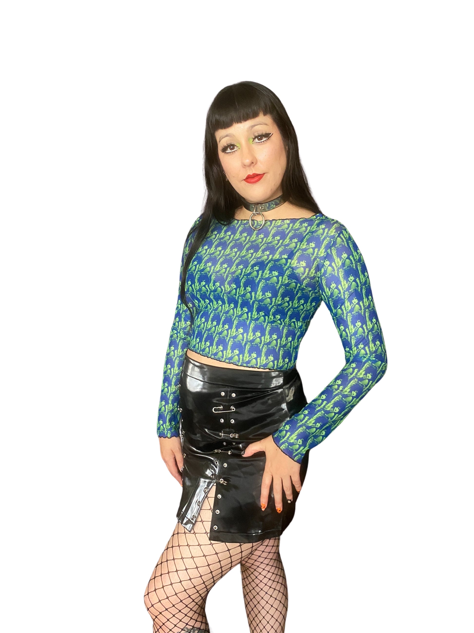 Siouxsie Peacock Print Mesh Crop Top - Punk Majesty Streetwear