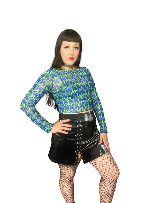Siouxsie Peacock Print Mesh Crop Top - Punk Majesty Streetwear