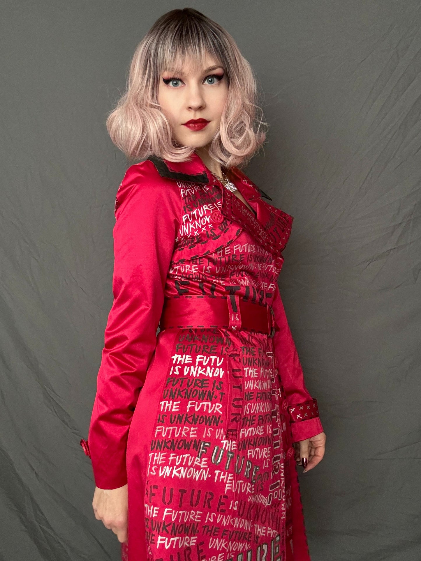 womens red upcycled punk trench coat