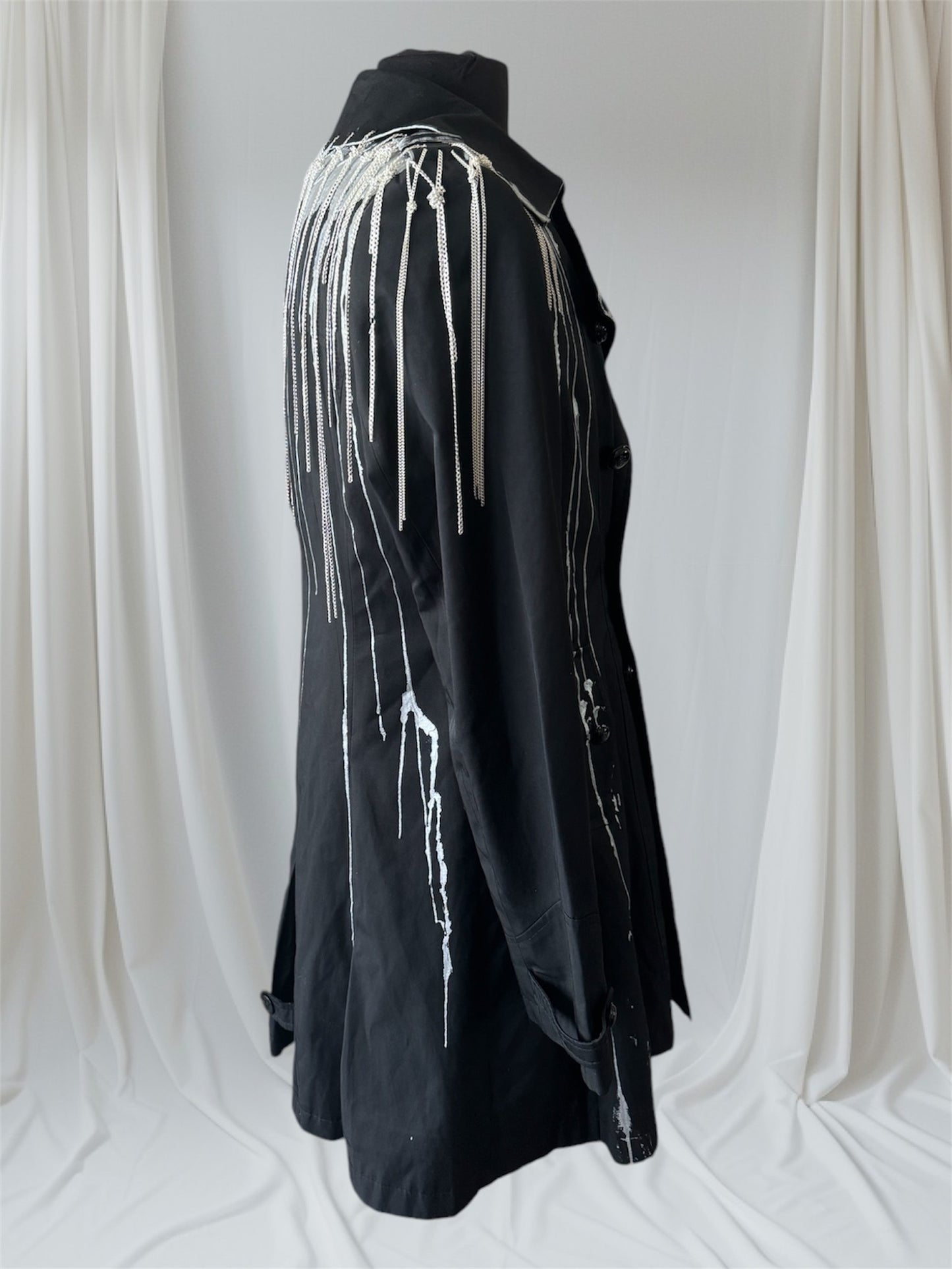 Mens Black & Silver Metallic Trench Coat with Chains