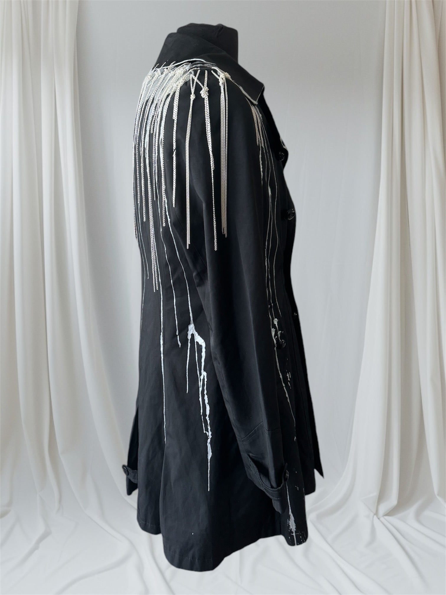 Mens Black & Silver Metallic Trench Coat with Chains