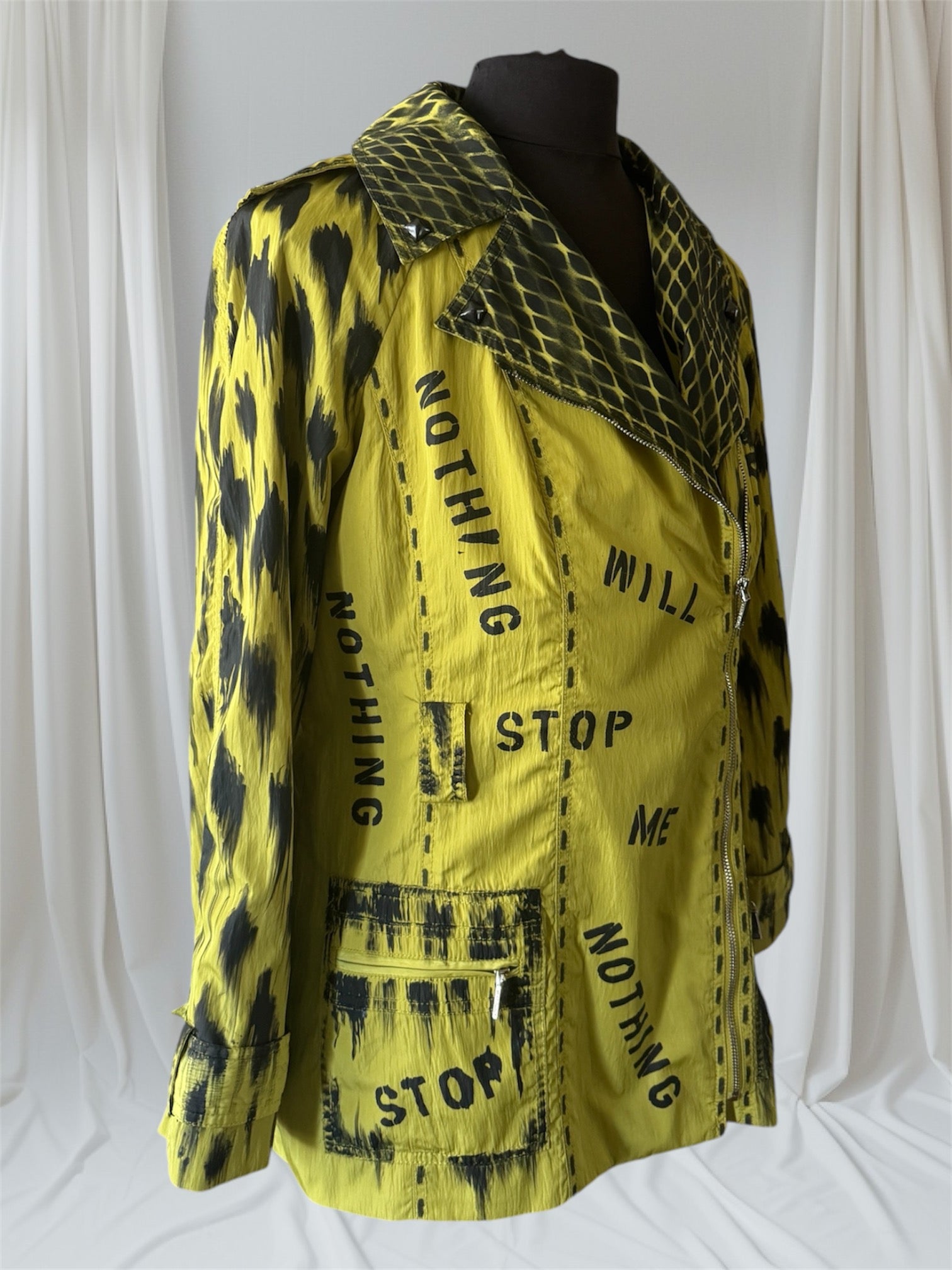 womens chartreuse upcycled punk trench coat
