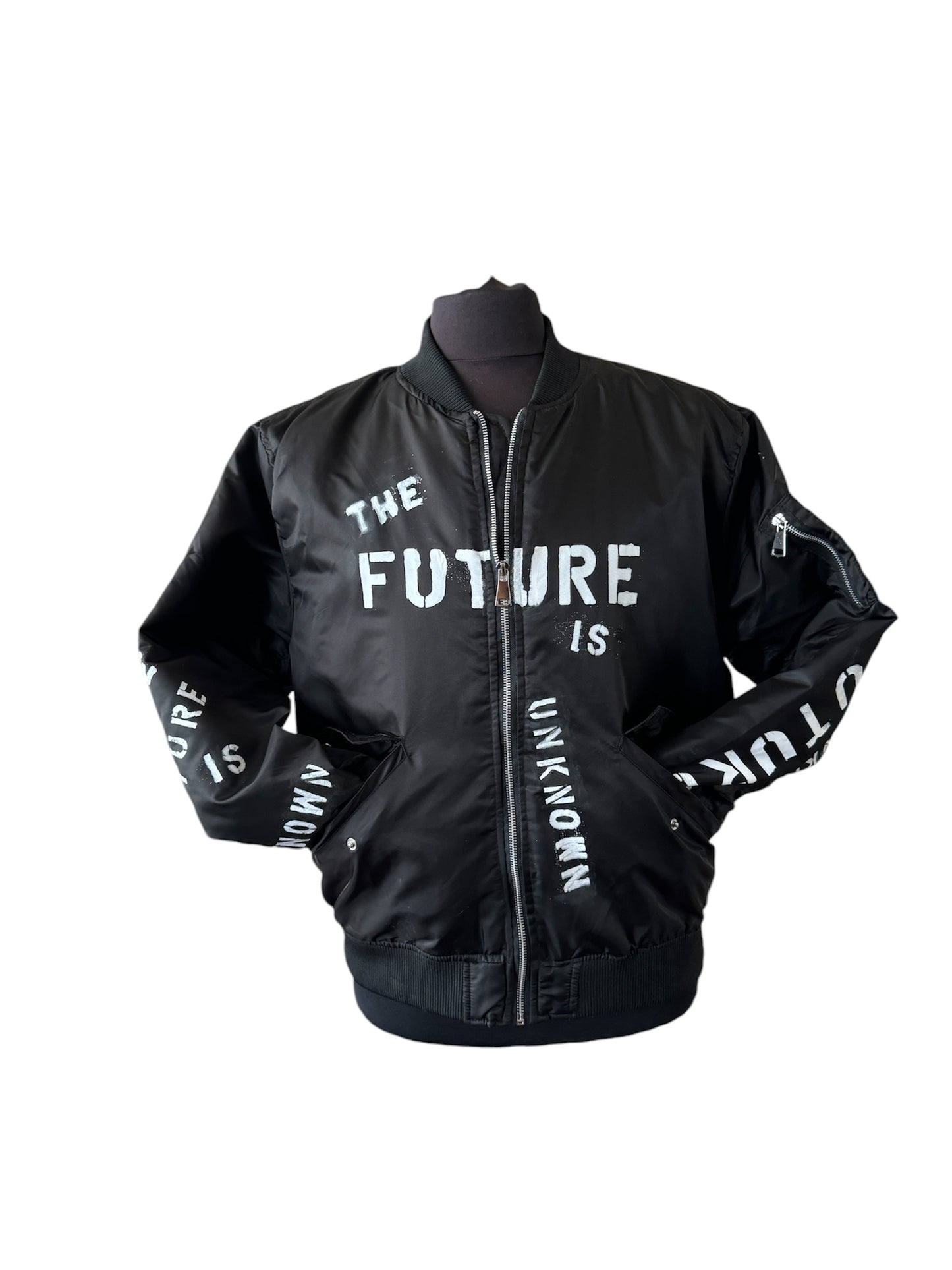 THE FUTURE IS UNKNOWN Mens Bomber Jacket, Large (Custom Order in any size)