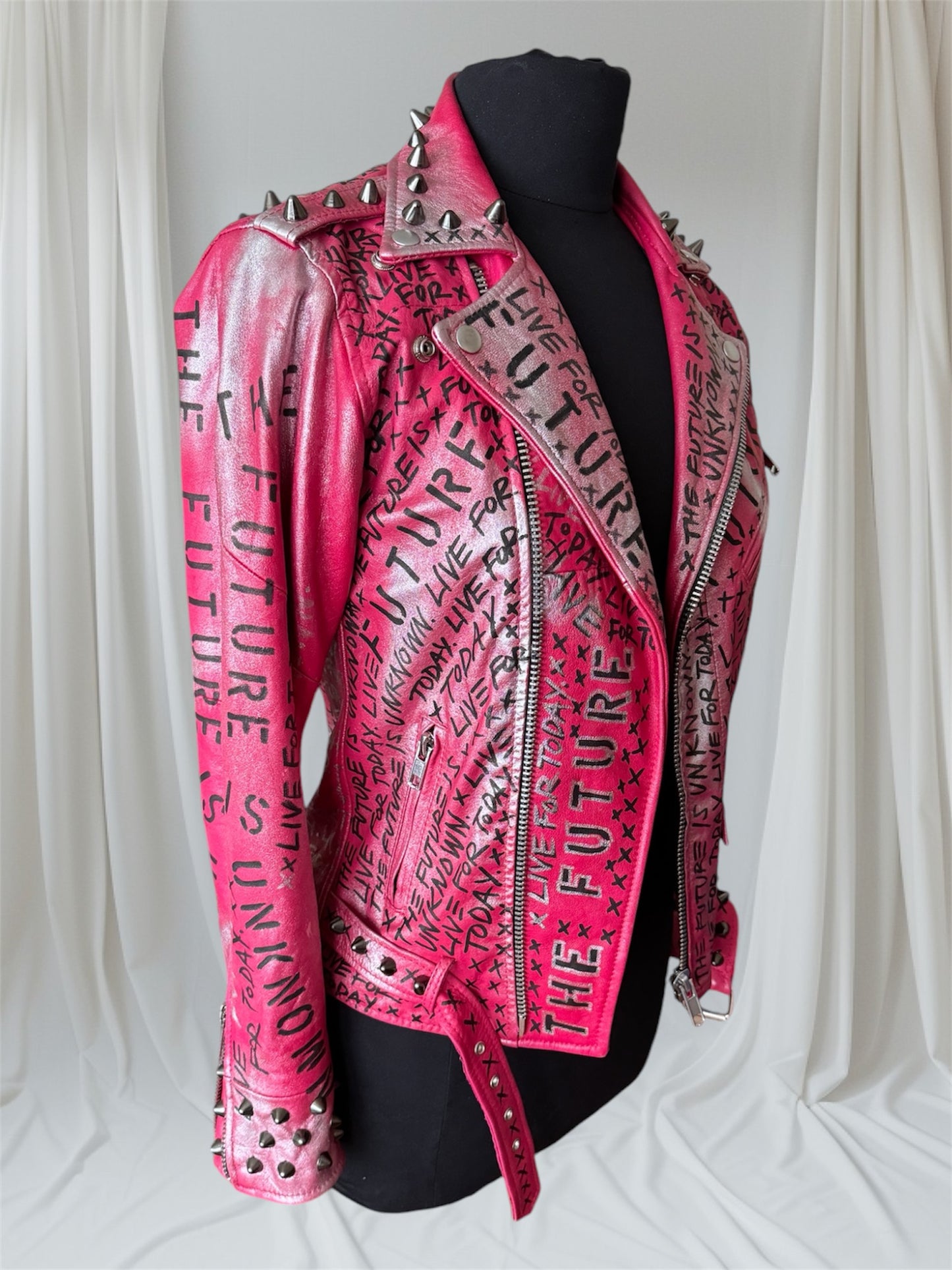 THE FUTURE IS UNKNOWN/ LIVE FOR TODAY Pink Leather Jacket, Small