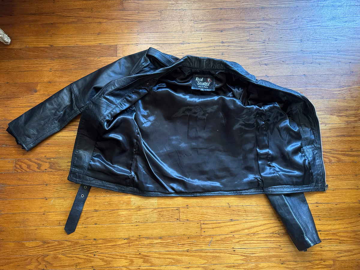 Men's Vintage Black Leather Motorcycle Jacket, M 42 (Slim)