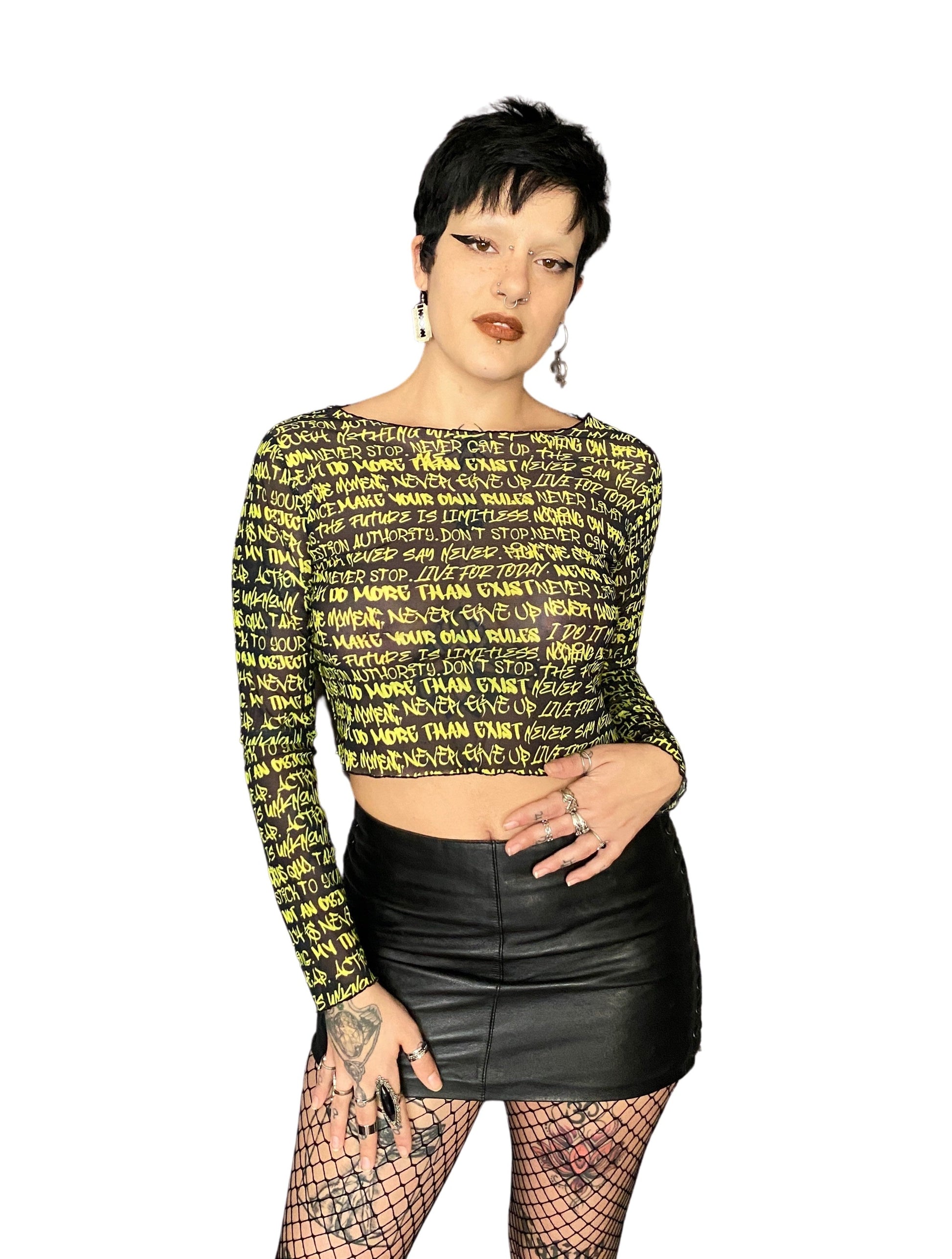 Graffiti Mesh Long Sleeve Crop Top, Black & Chartreuse - Punk Majesty Streetwear