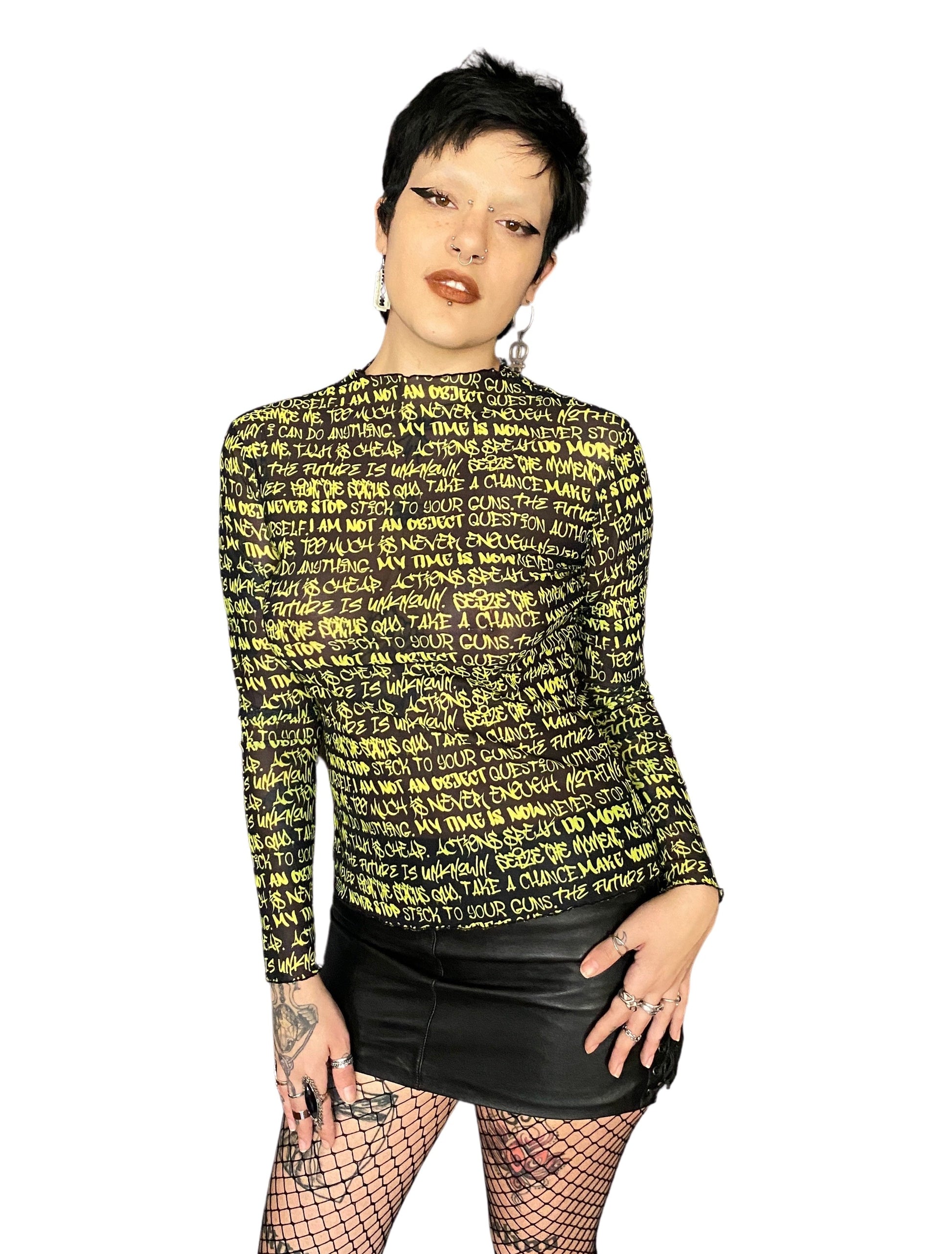 Black & Chartreuse Empowering Graffiti Mesh Top - Punk Majesty Streetwear