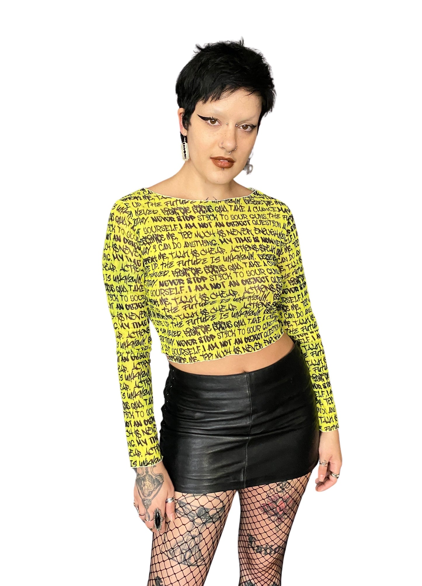 Graffiti Mesh Long Sleeve Crop Top, Chartreuse & Black - Punk Majesty Streetwear