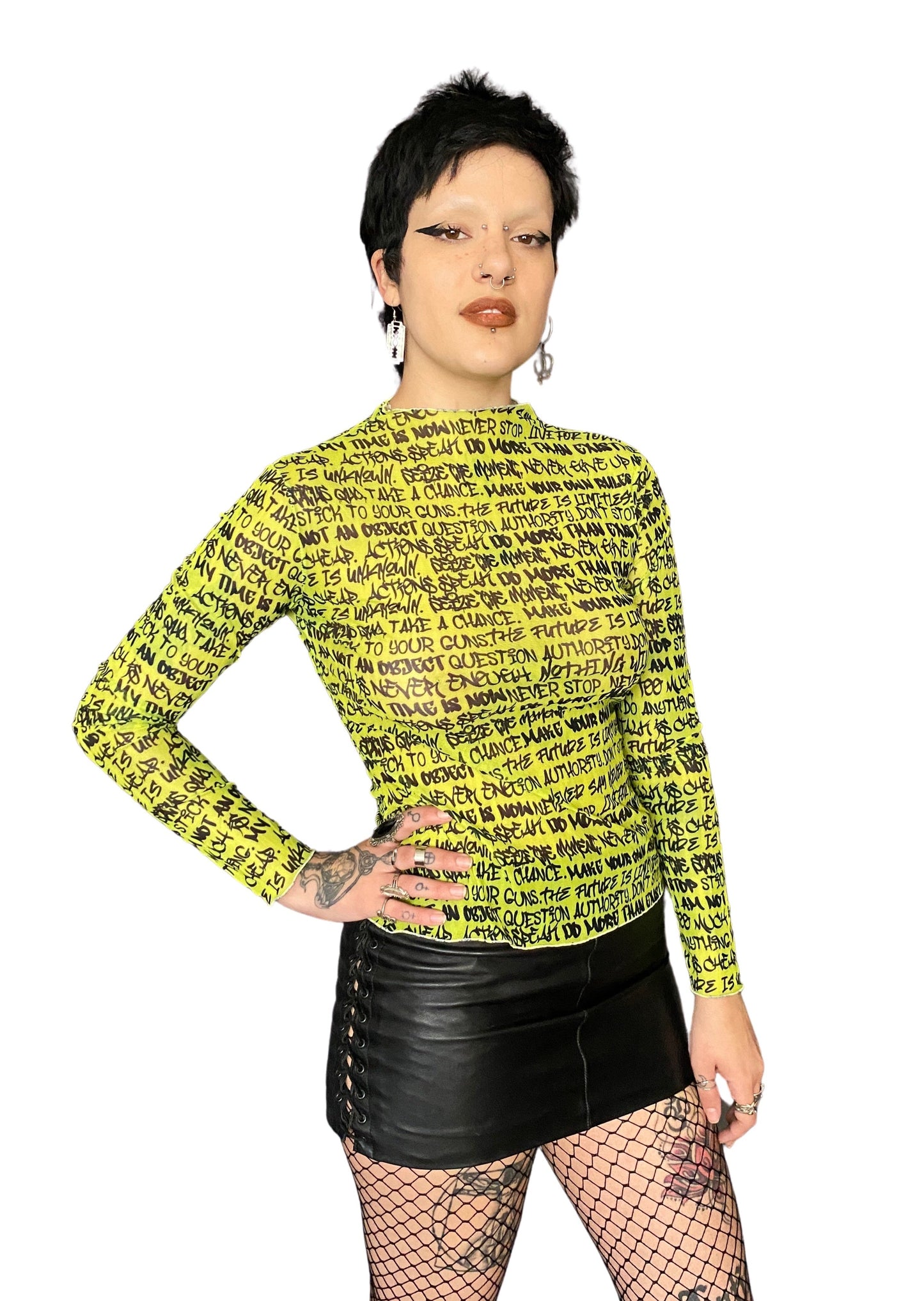 Neon Chartreuse Empowering Graffiti Mesh Top - Punk Majesty Streetwear