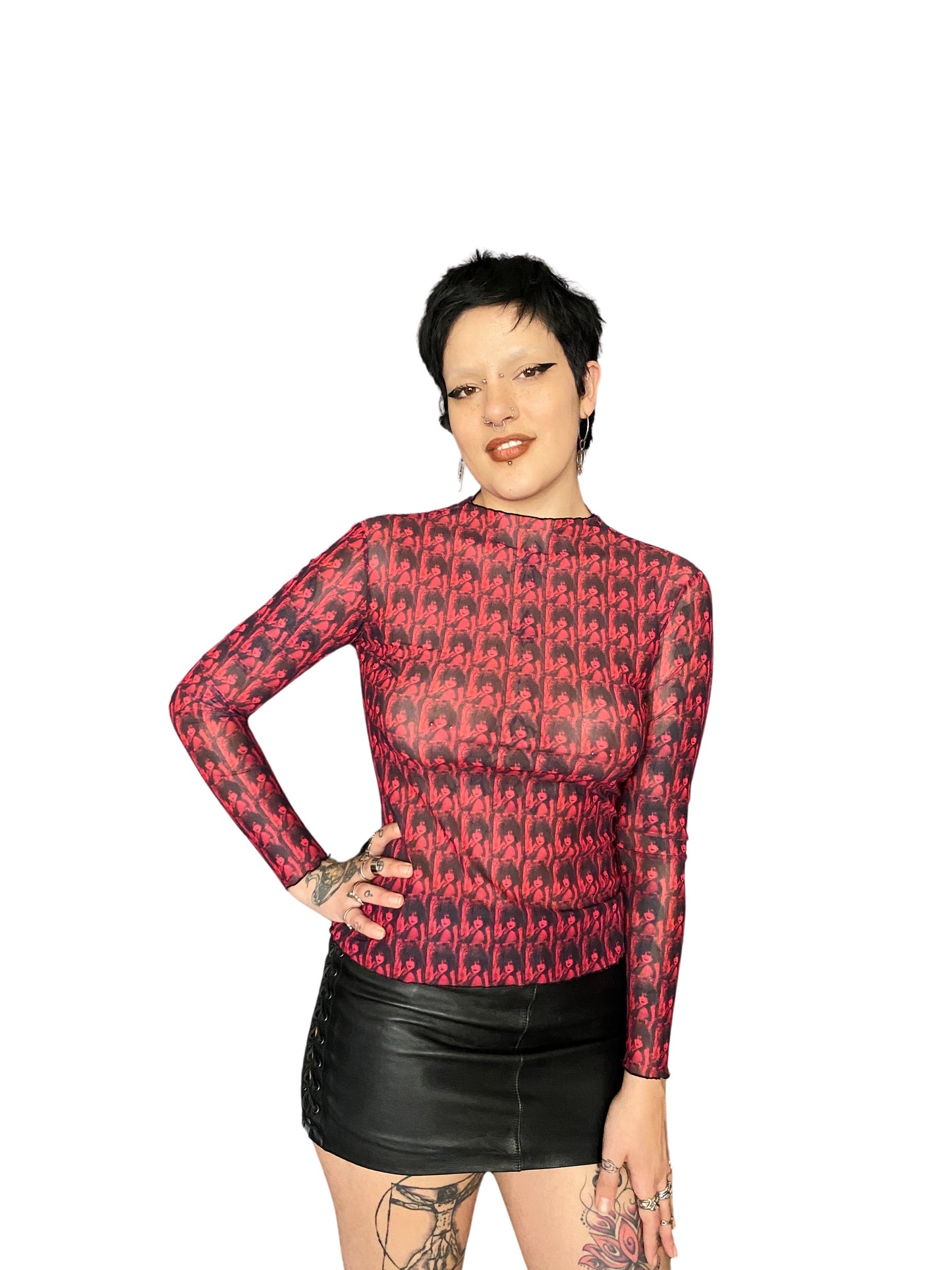 Siouxsie Red Print Mesh Top - Punk Majesty Streetwear