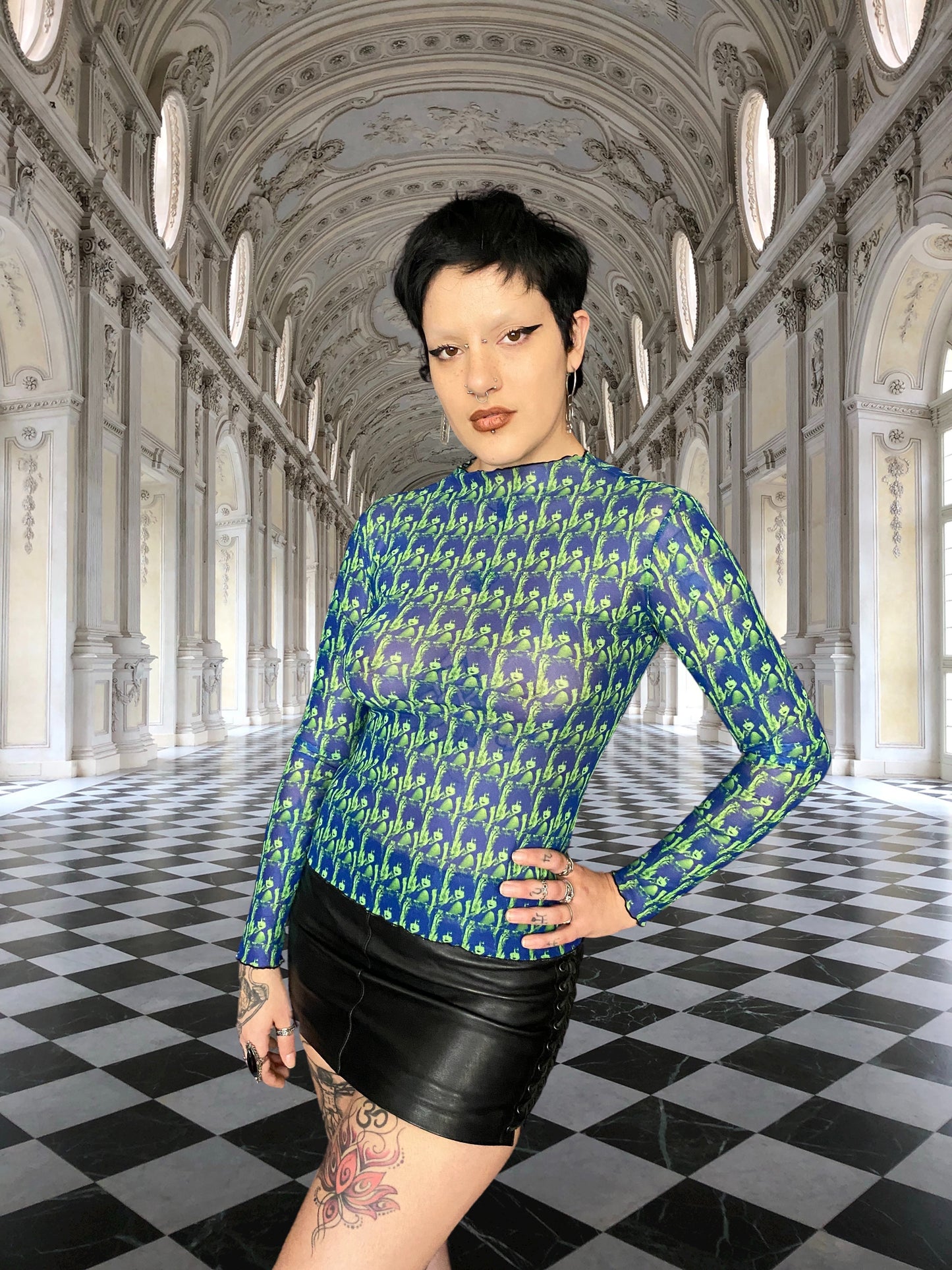 Siouxsie Peacock Print Mesh Top - Punk Majesty Streetwear