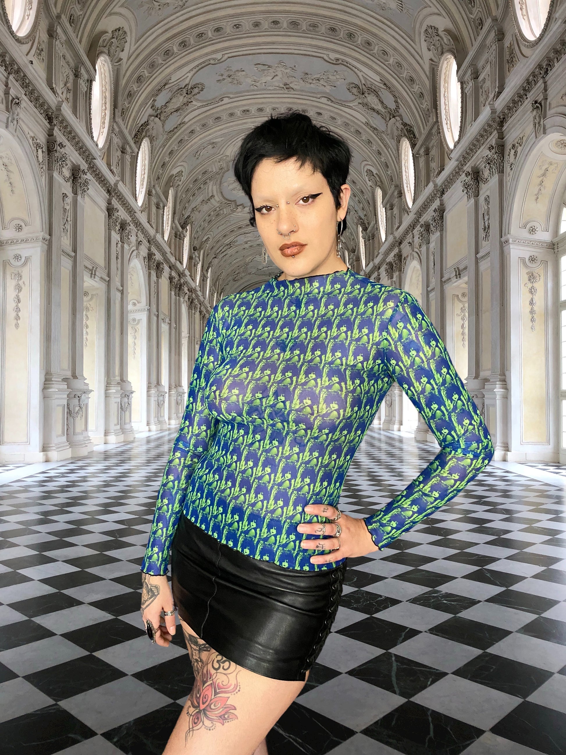 Siouxsie Peacock Print Mesh Top - Punk Majesty Streetwear