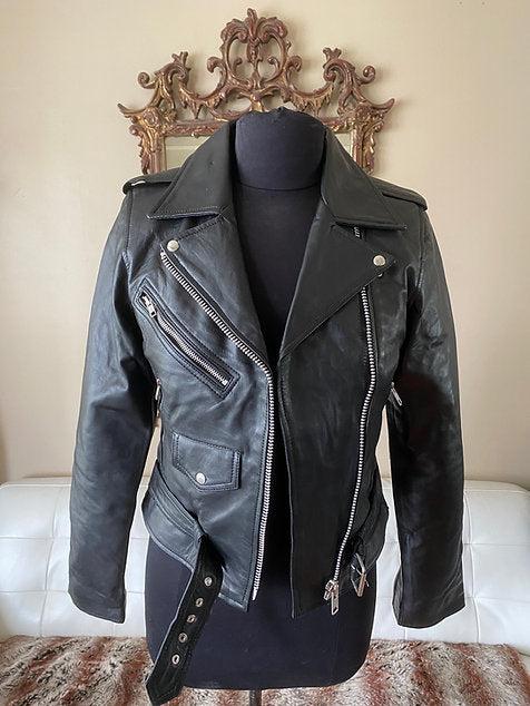 Women's Lambskin Lightweight Leather Biker with Epaulettes & Belt, XS-4XL