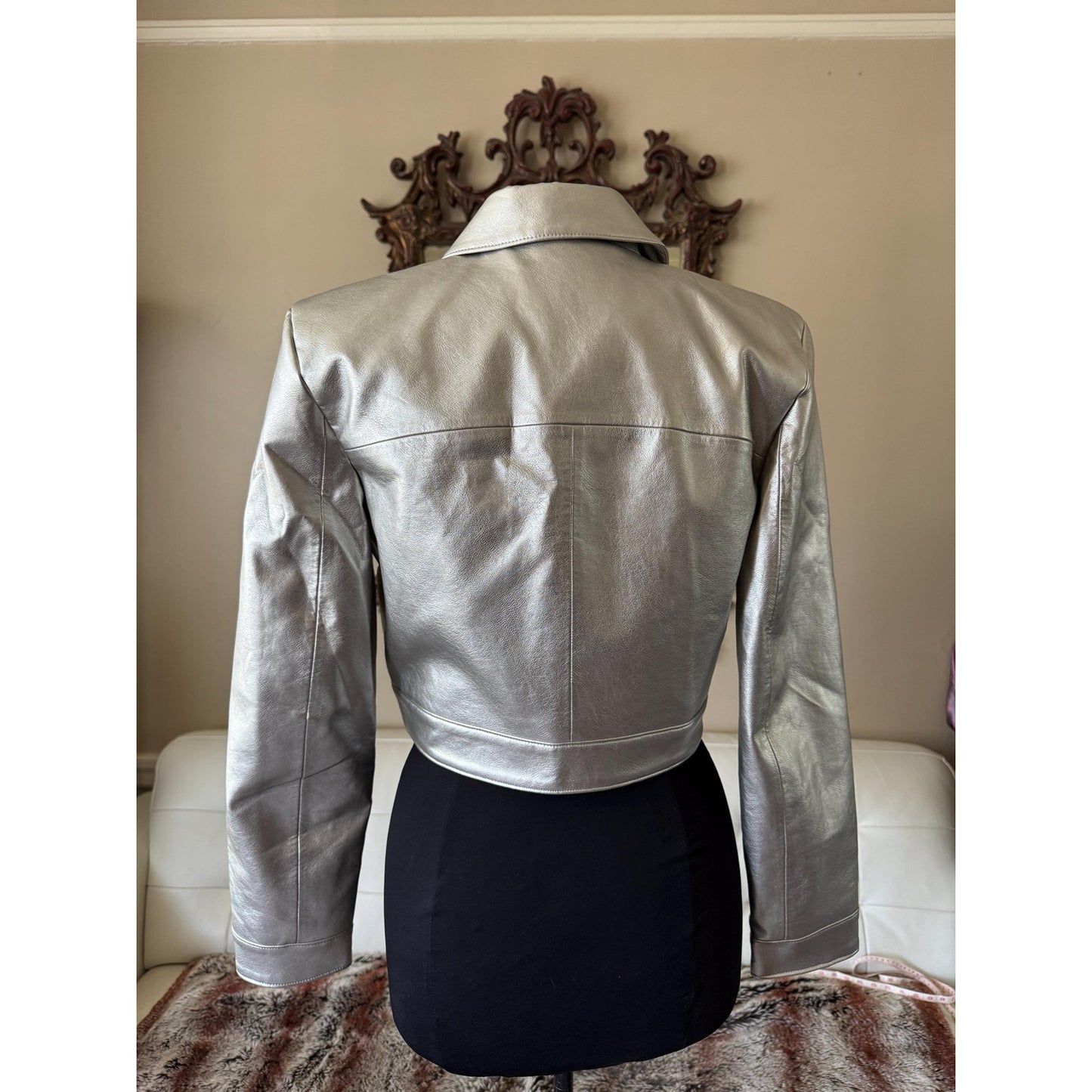 Women's Silver Faux Leather Jacket, Medium