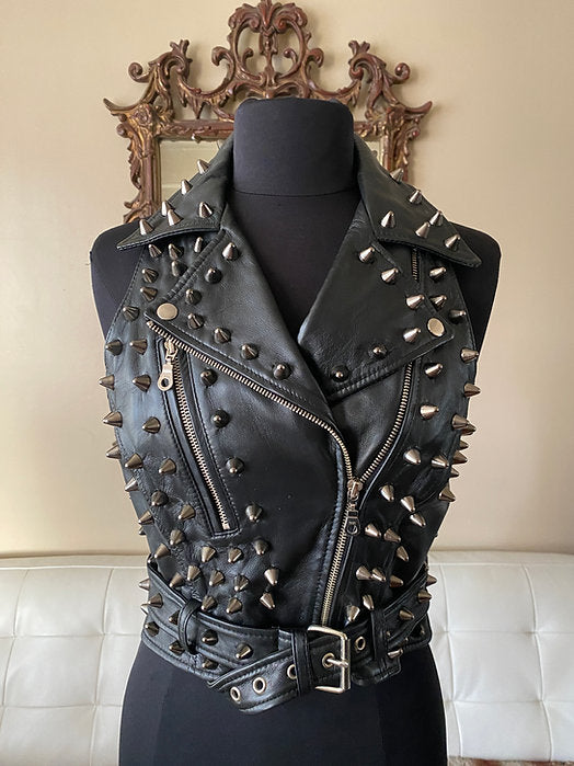Black Spiked Studded Womens Leather Punk Vest,