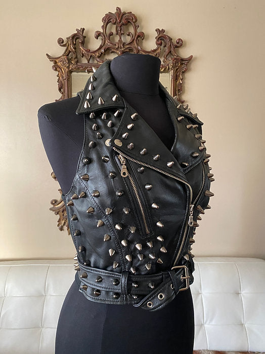 Black Spiked Studded Womens Leather Punk Vest,