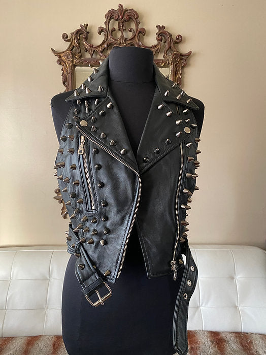 Black Spiked Studded Womens Leather Punk Vest,