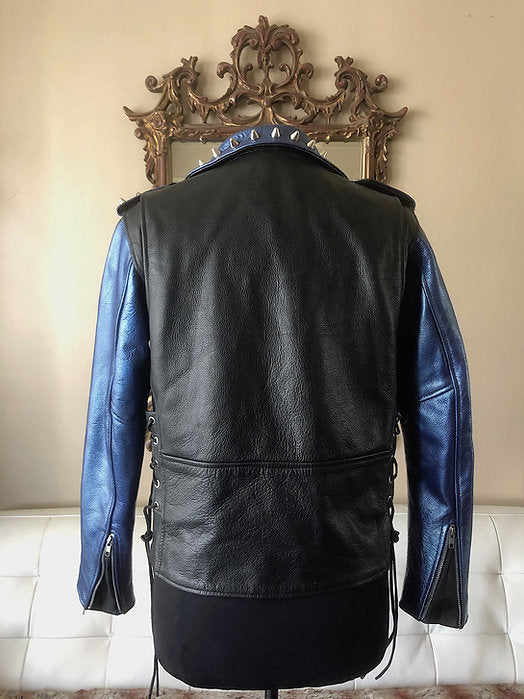 Metallic Blue Studded Cow Leather Motorcycle Jacket, New, Size M - Punk Majesty Streetwear