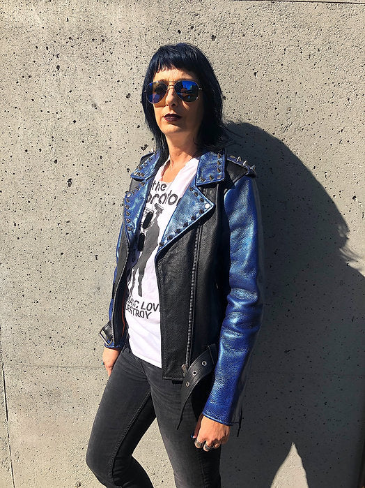 Metallic Blue Studded Cow Leather Motorcycle Jacket, New, Size M - Punk Majesty Streetwear