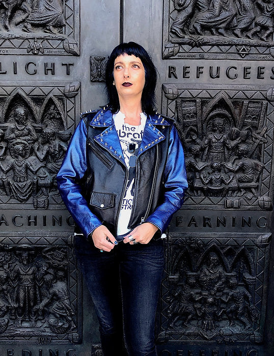 Metallic Blue Studded Cow Leather Motorcycle Jacket, New, Size M - Punk Majesty Streetwear