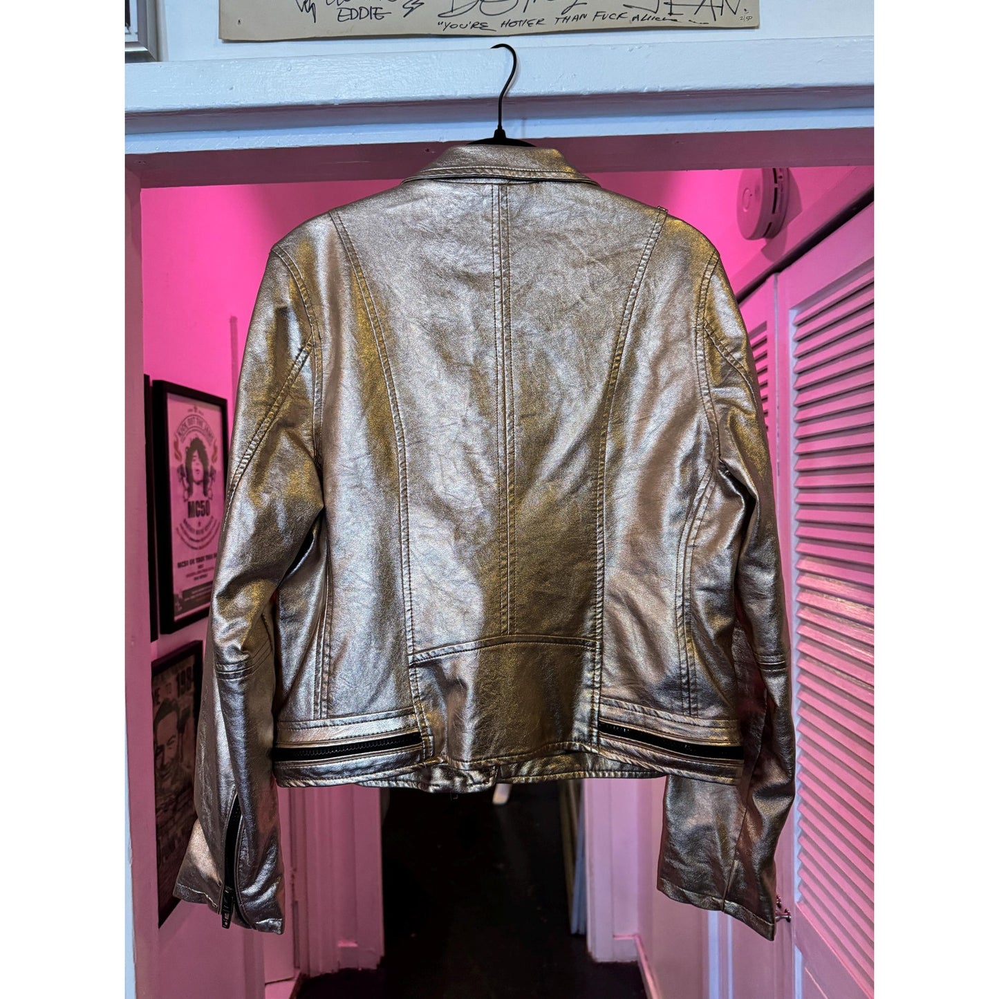Women's Rose Gold Faux Leather Jacket, Medium