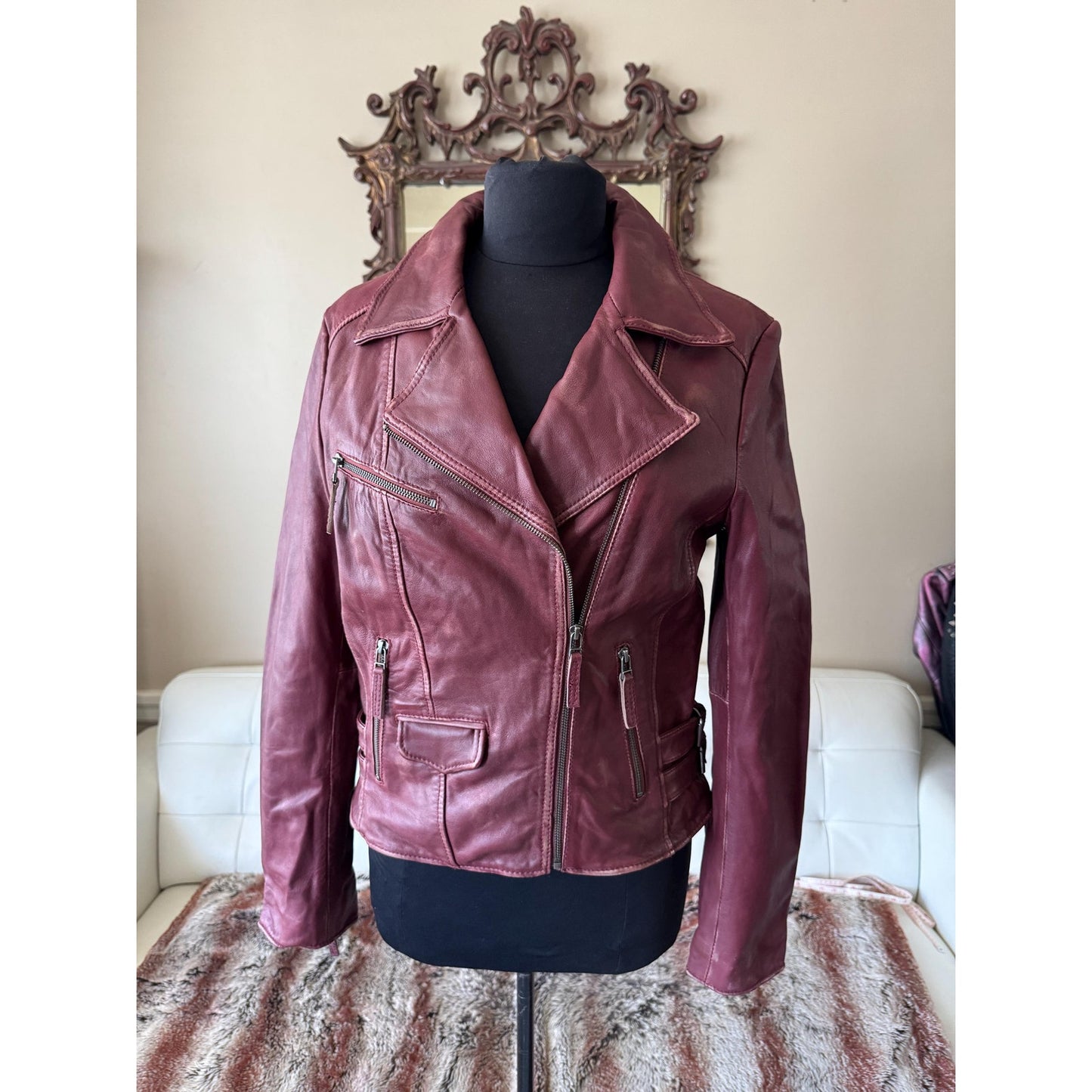 Women's Burgundy Leather Motorcycle Jacket, Small