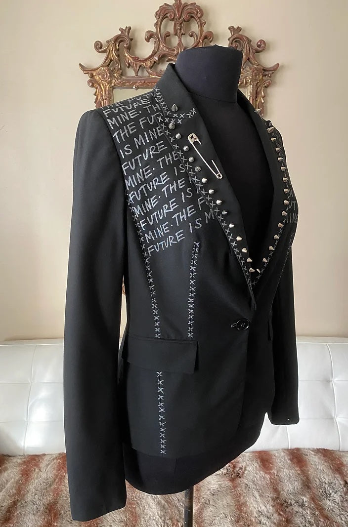 womens punk suit jacket with spike lapels and safety pin