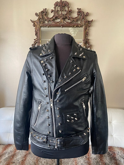 Mens Lambskin Leather Motorcycle Jacket w Silver Studs