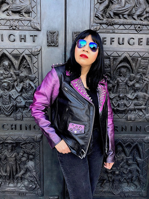 Pink "Distressed Look" Metallic Studded Cow Leather Motorcycle Jacket, Size M - Punk Majesty Streetwear