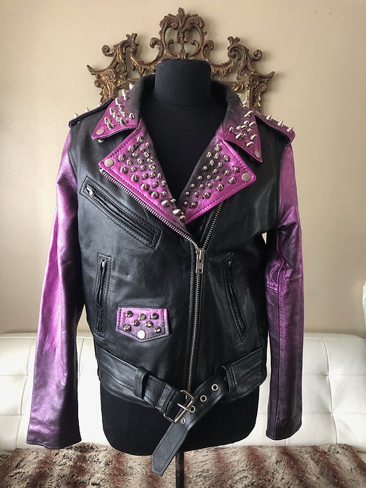 Pink "Distressed Look" Metallic Studded Cow Leather Motorcycle Jacket, Size M - Punk Majesty Streetwear