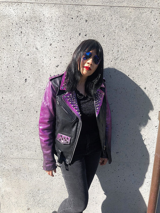 Pink "Distressed Look" Metallic Studded Cow Leather Motorcycle Jacket, Size M - Punk Majesty Streetwear