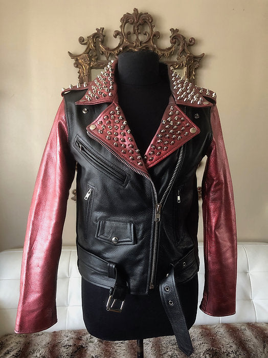 Red Metallic Studded Cow Leather Motorcycle Jacket, New, XS - Punk Majesty Streetwear