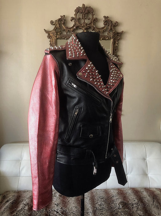 Red Metallic Studded Cow Leather Motorcycle Jacket, New, XS - Punk Majesty Streetwear