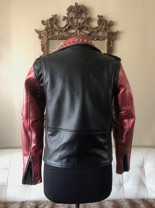 Red Metallic Studded Cow Leather Motorcycle Jacket, New, XS - Punk Majesty Streetwear