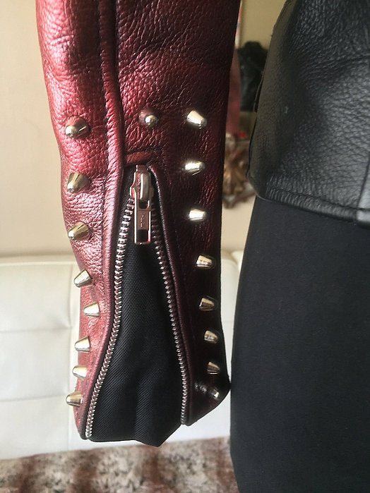 Red Metallic Studded Cow Leather Womens Motorcycle Jacket, Used, XS - Punk Majesty Streetwear