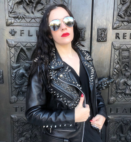 Silver Studded Cow Leather Motorcycle Jacket, New, Size XS - Punk Majesty Streetwear