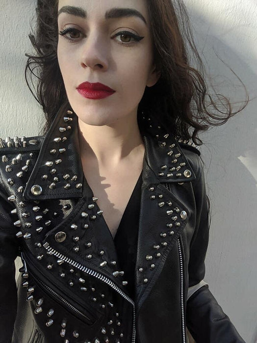 Silver Studded Cow Leather Motorcycle Jacket, New, Size XS - Punk Majesty Streetwear