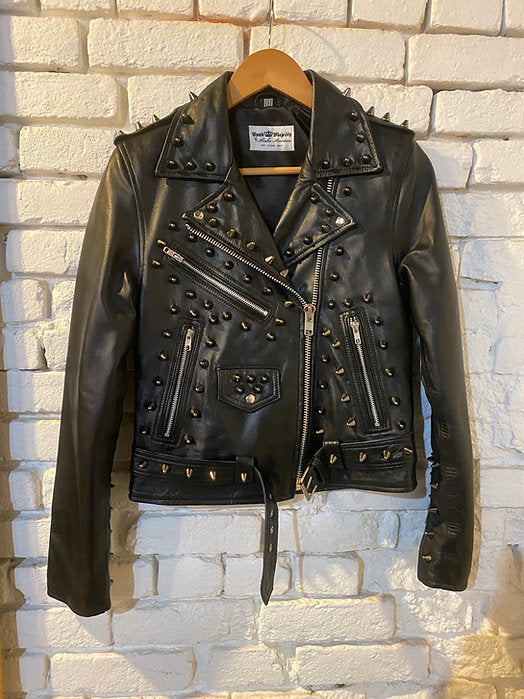 Black Studded Lambskin Motorcycle Jacket, Size Small - Punk Majesty Streetwear