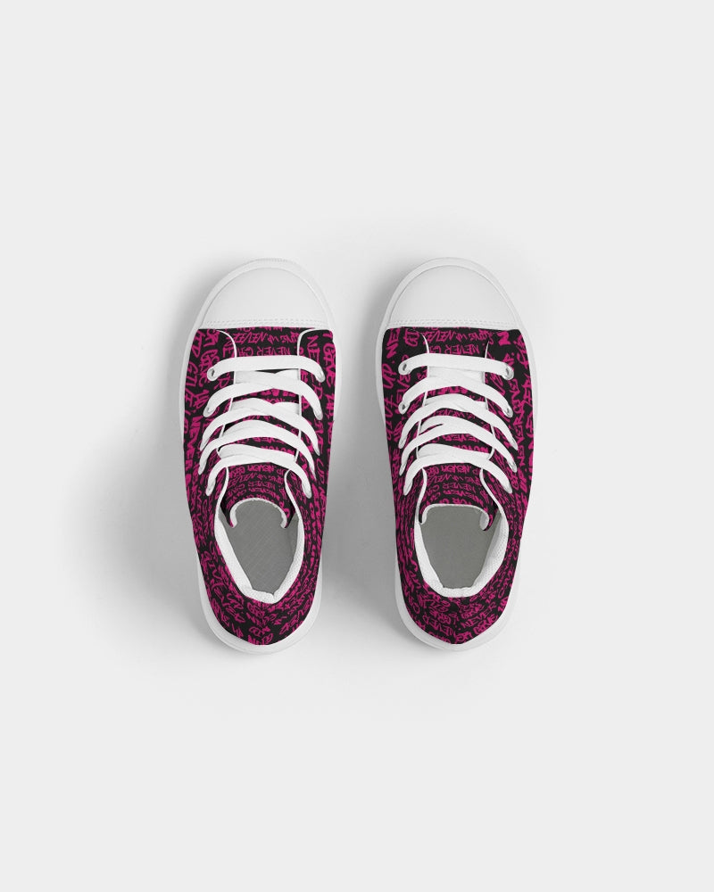 NEVER GIVE UP Pink Graffiti Kids Hightop Canvas Shoe - Punk Majesty Streetwear