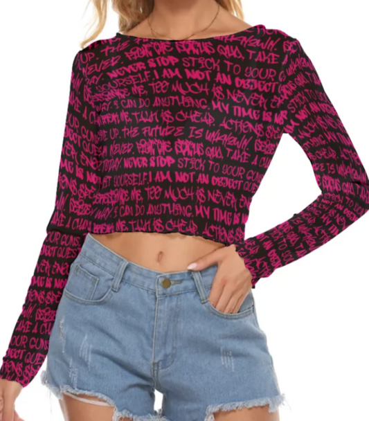Graffiti Mesh Long Sleeve Crop Top, Black & Pink - Punk Majesty Streetwear