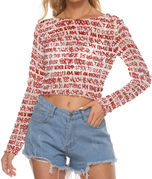 Graffiti Mesh Long Sleeve Crop Top, White & Red - Punk Majesty Streetwear