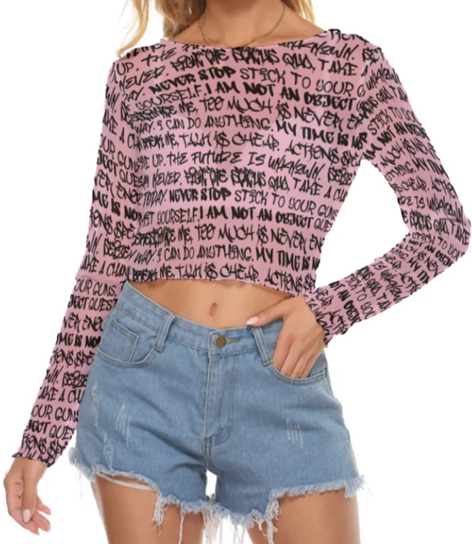 Graffiti Mesh Long Sleeve Crop Top, Pink & Black - Punk Majesty Streetwear