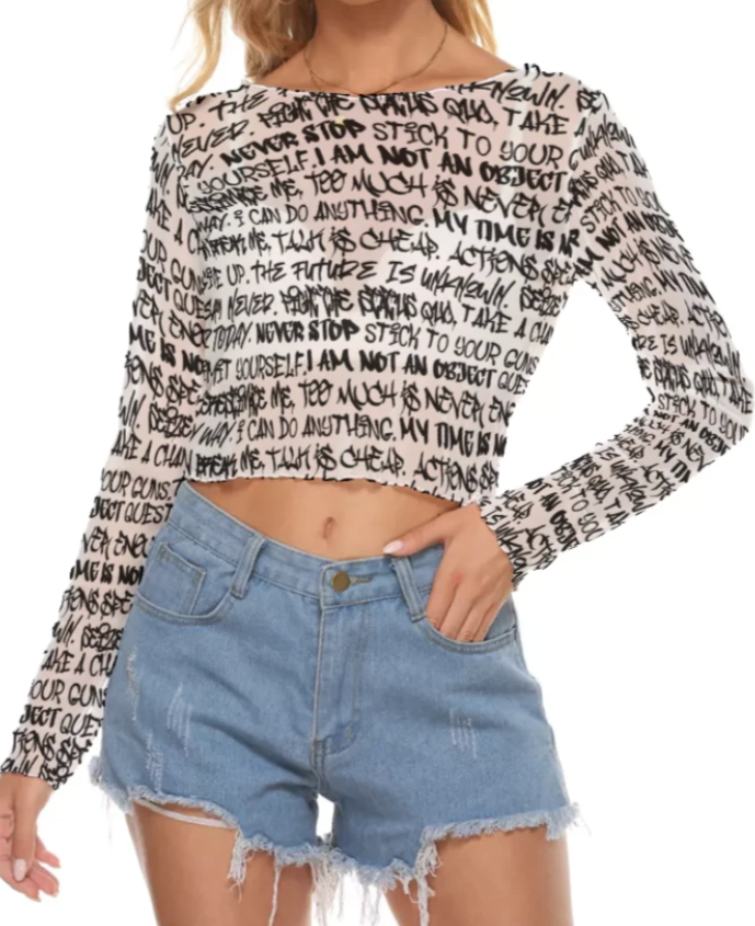 Graffiti Mesh Long Sleeve Crop Top, White & Black - Punk Majesty Streetwear