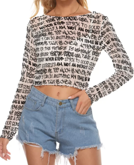 Graffiti Mesh Long Sleeve Crop Top, White & Black - Punk Majesty Streetwear