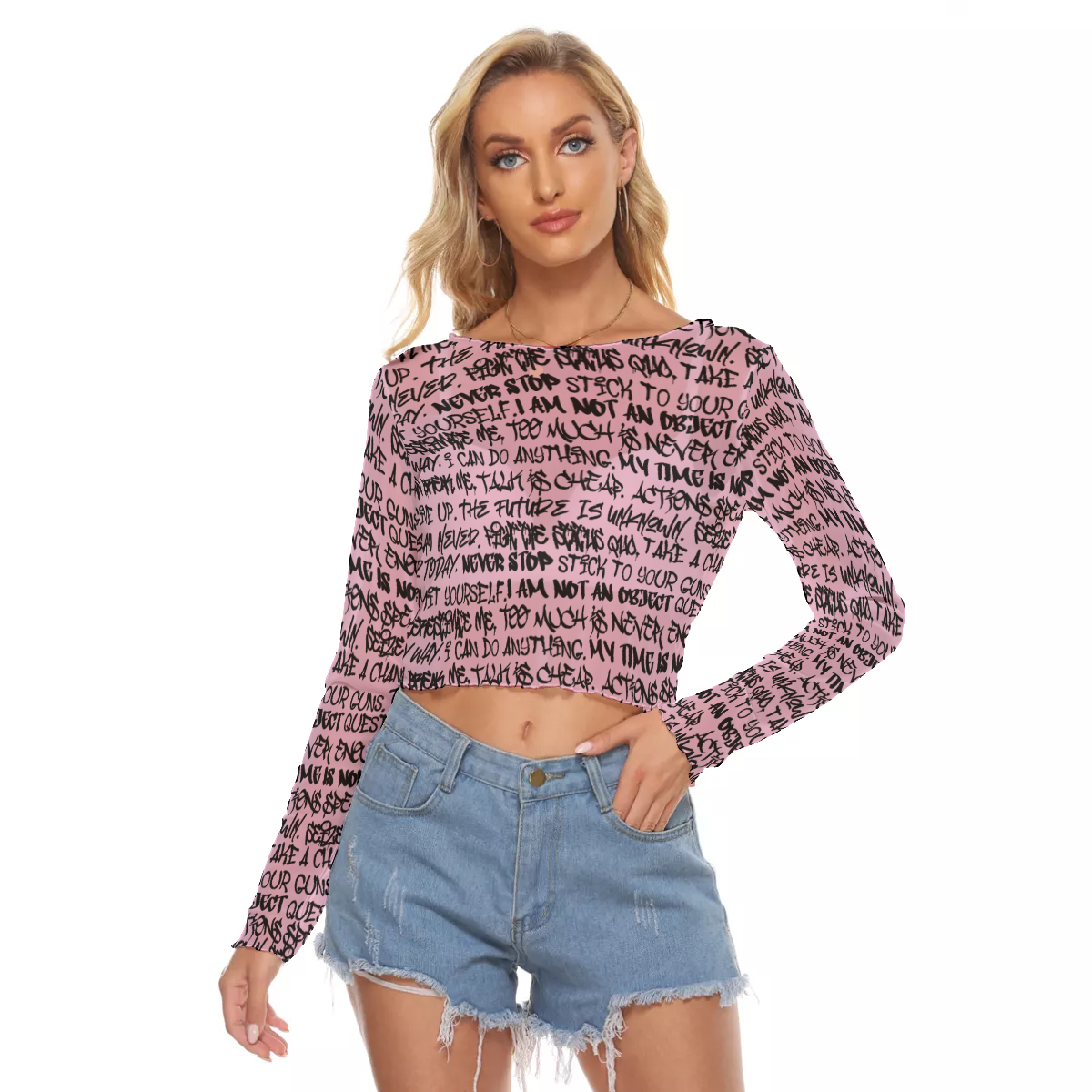 Graffiti Mesh Long Sleeve Crop Top, Pink & Black - Punk Majesty Streetwear