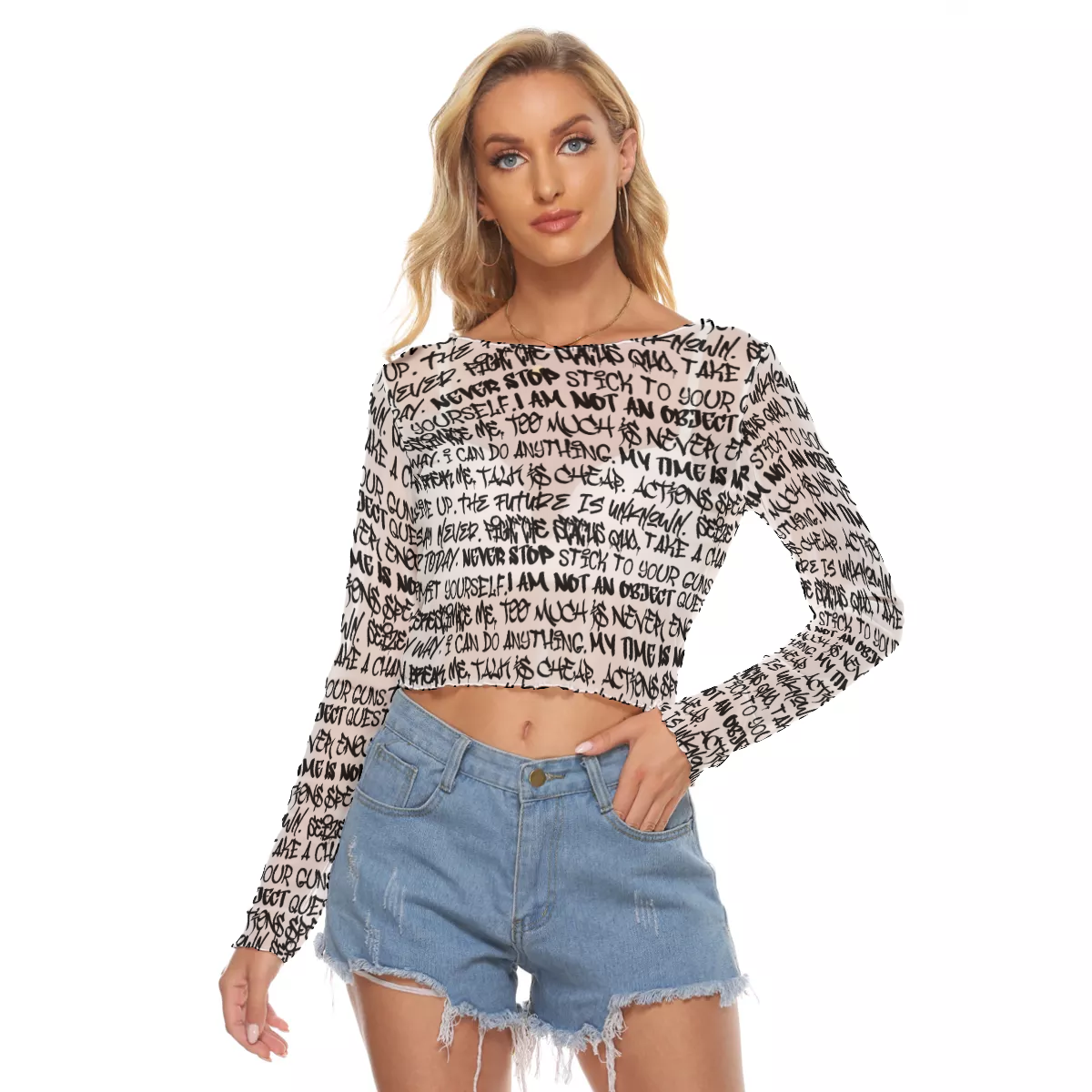 Graffiti Mesh Long Sleeve Crop Top, White & Black - Punk Majesty Streetwear